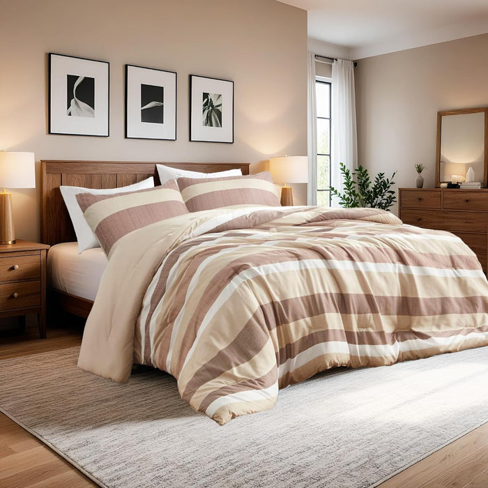 Queen Comforter Set, 3 Pieces Striped Bed Set, Soft Brushed Microfiber Reversible Bedding Set for All Season, Lightweight & Breathable Bedding Set with Comforter & Shams, Neutral