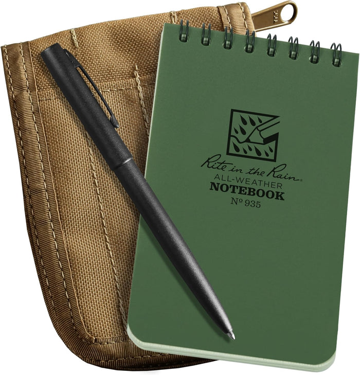 Rite in the Rain Weatherproof 3" x 5" Top Spiral Notebook Kit: Black CORDURA Fabric Cover, 3" x 5" Black Notebook, and Weatherproof Pen (No. 735B-KITL)