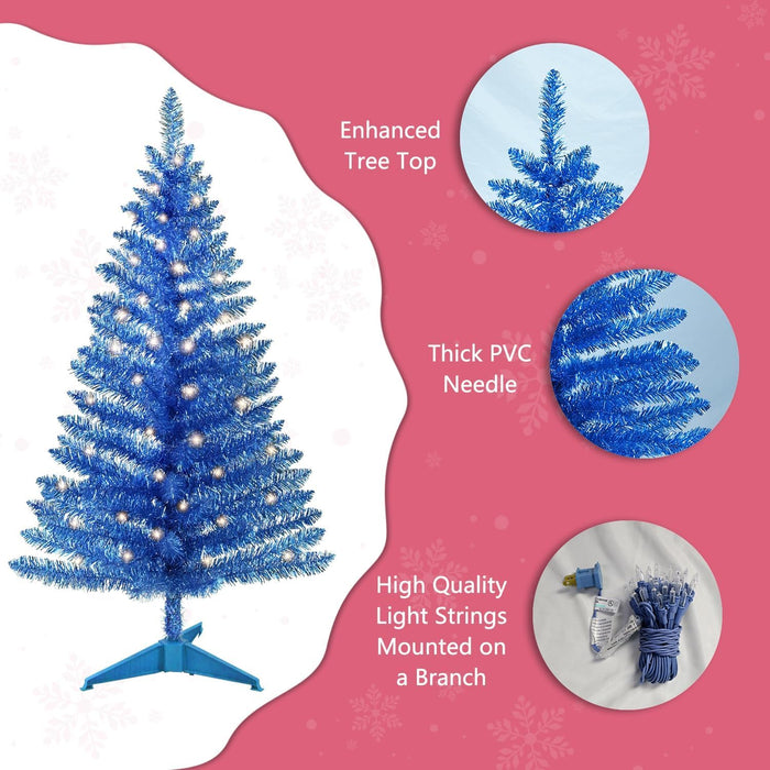 4ft Lighted Artificial Blue Christmas Tree, Not Pre-lit Blue Tinsel Pine Trees with Lights, Ideal for Ideal for Home, Office, and Xmas Party Décor - Includes Stand