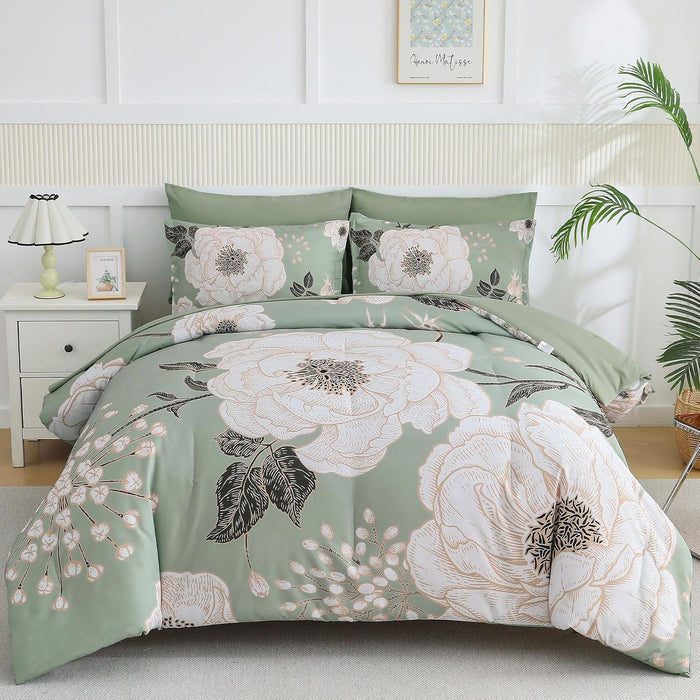 Luxudecor Floral Queen Comforter Set 7 Pieces Bed in a Bag, White Flower Print on Navy Blue Bedding Set, Soft Reversible Comforter with Sheet Set 90"x90"