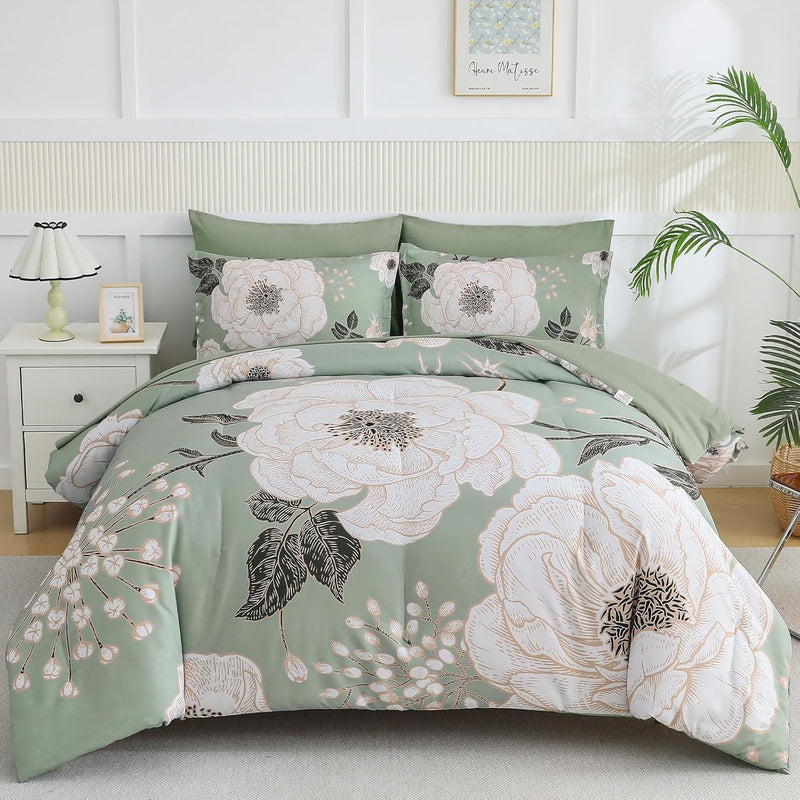Luxudecor Floral Queen Comforter Set 7 Pieces Bed in a Bag, White Flower Print on Navy Blue Bedding Set, Soft Reversible Comforter with Sheet Set 90"x90"