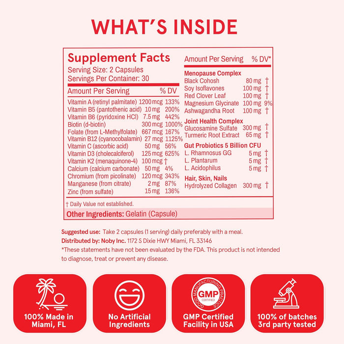 Menopause Multivitamin | 21 Vitamins for Women 45+ | Black Cohosh, Ashwagandha, Vitamin D3+K2, Probiotics & Collagen | Support for Hot Flashes, Mood Swings, Joint & Skin Health | 30 SVG