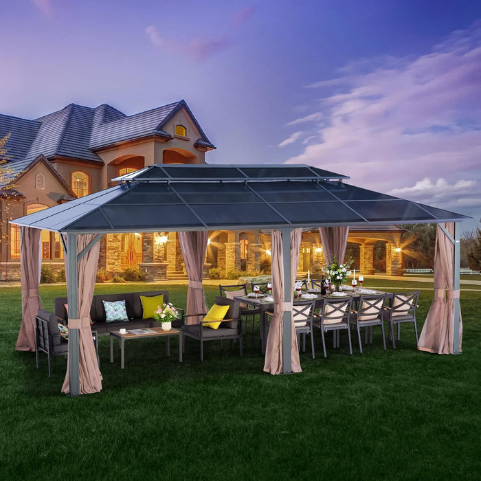 LeDoasis 10' X 13' Permanent Hardtop Gazebo, Outdoor Polycarbonate Double Roof Canopy with Breathable Netting & Privacy Curtain for Patio Backyard Garden Lawn Party