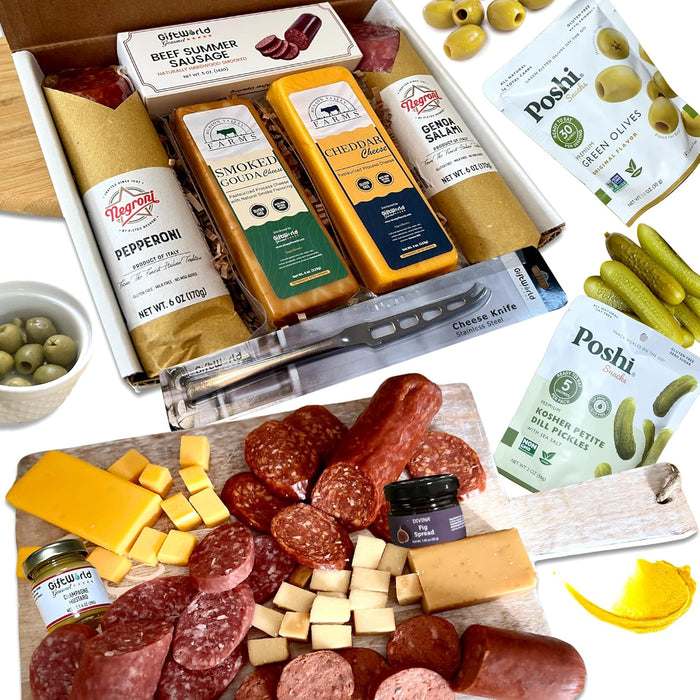 Deluxe Charcuterie Food Items, Meat and Cheese Gift Basket with Salami, Summer Sausage, Charcuterie Board Food Gifts for Men - Father's Day, Mother's Day, Easter, House Warming, Care Package, Thanksgiving, and Christmas Gifts (10-item Bundle)