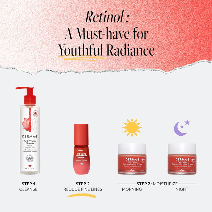DERMA E Face Serum, Anti Aging Regenerative Retinol Serum for Face, 1 Fl Oz, Vitamin A, Bakuchiol, Glycolic Acid, Green Tea Extract, Helps Reduce Appearance of Fine Lines and Wrinkles