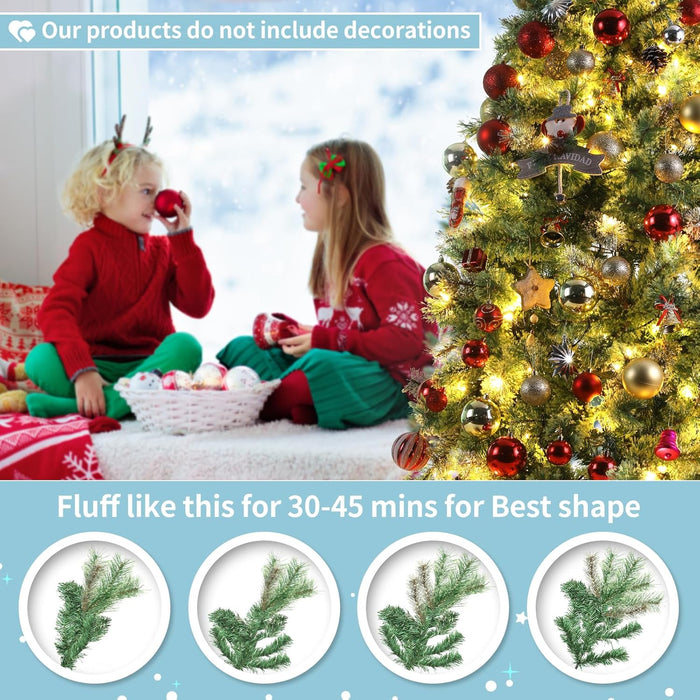 Arlopu 9ft Pre-lit Artificial Cashmere Christmas Tree, Snow Flocked Prelighted Pine Needle Xmas Tree, W/Warm White Lights, Tips, Foldable Metal Base for Home Store Party Holiday Decoration