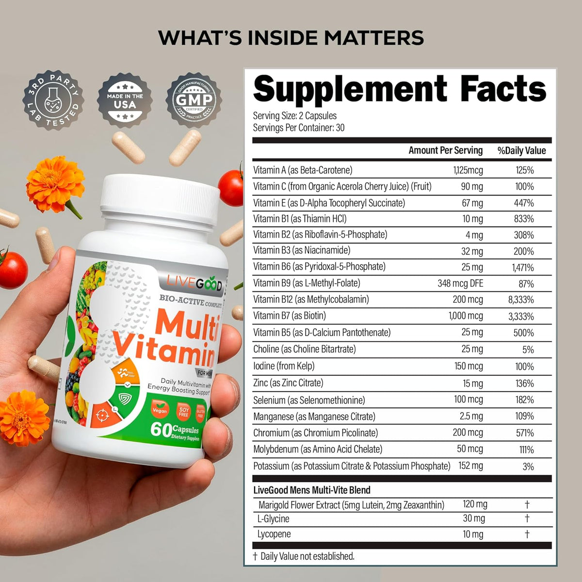 LiveGood™ Men's Bio-Active Complete Multivitamin, Daily Supplement with Vitamin A, B12, C, E, Lycopene, Vegan, 60 Capsules