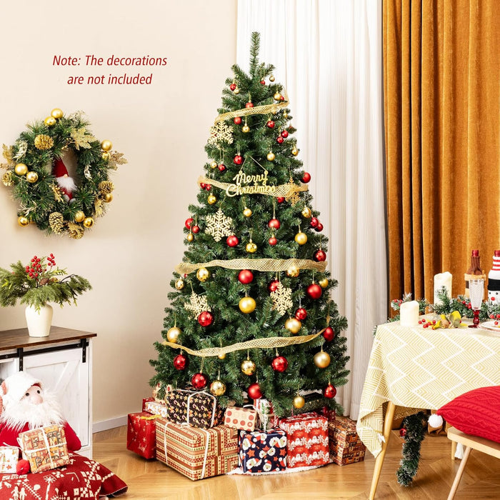 Goplus 7ft Pre-Lit Christmas Tree, Artificial Hinged Xmas Tree with 250 Warm White LED Lights, 8 Lighting Modes & Gloves, 830 PVC Branch Tips, for Home Office Decoration