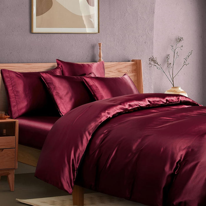 Manyshofu 6Pcs Rose Gold Duvet Cover Set Queen Size - Satin Fitted Sheet & Pillowcases, Silky Duvet Cover