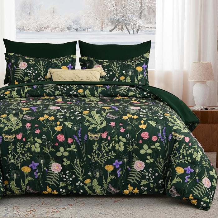 Yiran King Size Comforter Set 7 Pieces, Peacock Blue Botanical Floral Winter Comforter Bedding Set, Bed in a Bag King, Soft Microfiber Complete Bedding Set with Sheets for All Season