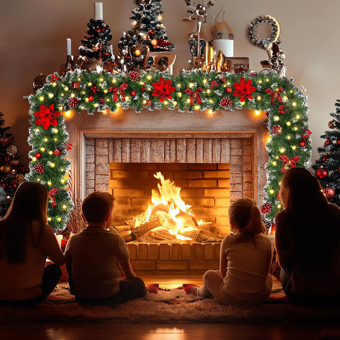 DOIOWN Christmas Garland with Lights,9Ft Prelit Christmas Garland for Mantle,100 LED Christmas Decorations Garland with Berries,Bows,Pine Cones,Flowers for Stairs Indoor Outdoor Decor Battery Operated