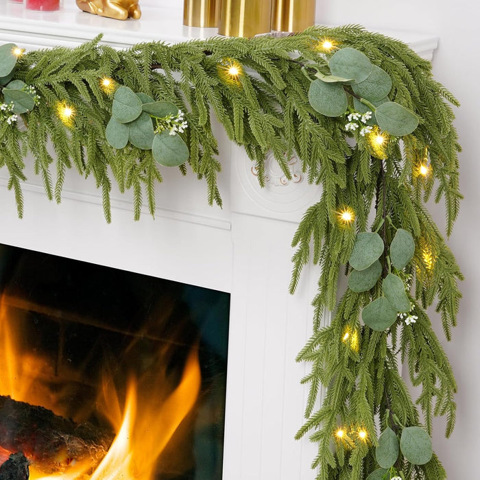 Waipfaru Christmas Norfolk Pine Garland with Lights，6FT Real Touch Pine Garland Christmas Decoration，Artificial Faux Cedar Garland for Christmas Table Fireplace Mentle Wall Home Decoration