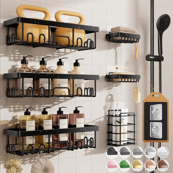 Veken Rustproof Shower Caddy 6-Pack, No Drilling & Waterproof Adhesive Shower Shelves Rack with Soap Holder, Large Capacity Bathroom Organizers and Storage, Wall-Mounted Kitchen & Home Decor