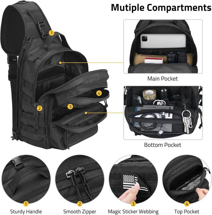 CVLIFE Tactical Sling Bag Backpack for Men Military Shoulder Sling Bag Molle Army Assault Detachable Tactical Bag with Bottle Holder Concealed Carry Daily Day Pack Work Bag for EDC Hiking, Black