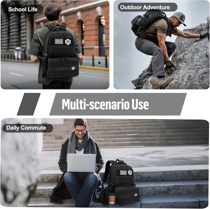 Jueachy Tactical Backpack with Lunch Box for Men: Laptop Compartment Bookbag with lunchbox for Work School for Women Mens Black
