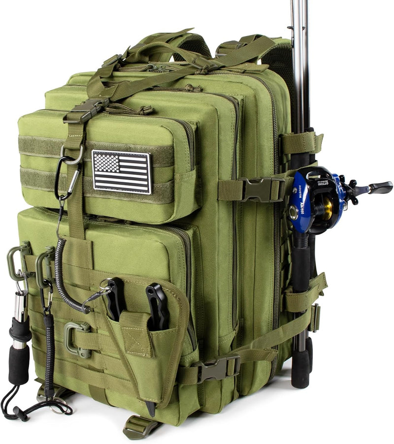 45l Large Fishing Tackle Backpack with Removable Plier Holder & Rod Holders, Khaki Tactical Bag, Fishing Gear and Tackle Box Organizer, Hiking Rucksack without Tackle Box