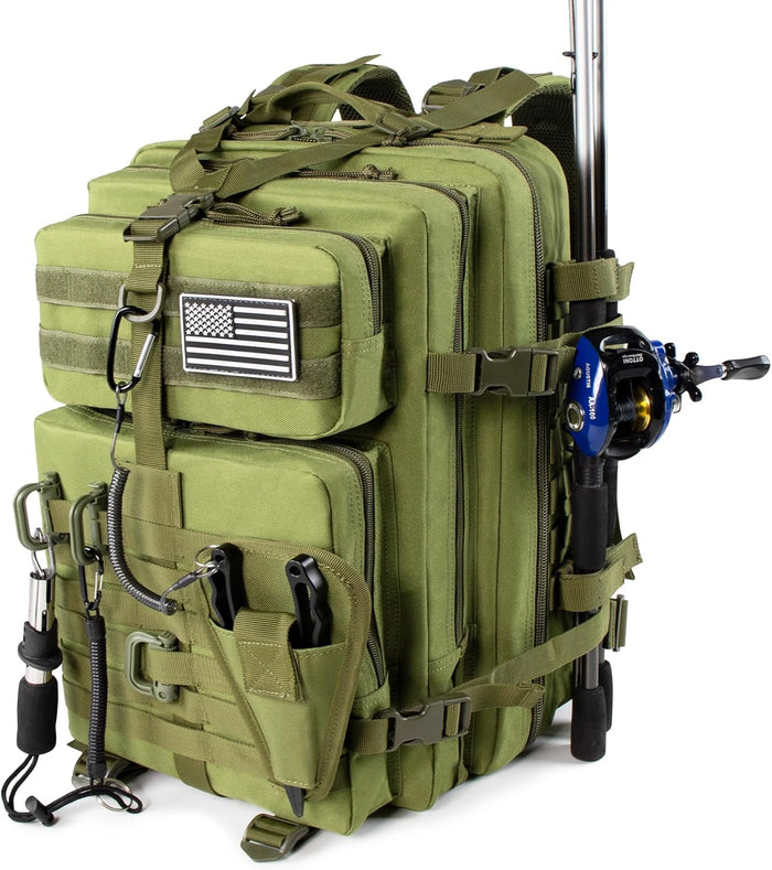 45l Large Fishing Tackle Backpack with Removable Plier Holder & Rod Holders, Khaki Tactical Bag, Fishing Gear and Tackle Box Organizer, Hiking Rucksack without Tackle Box
