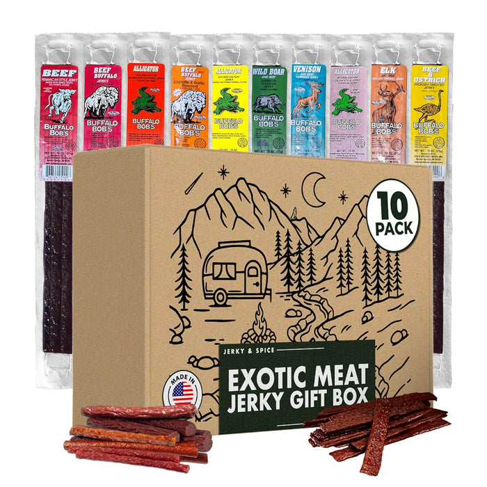 Jerky-n-Spice Exotic Jerky Variety Pack (10 Count) | Beef Jerky Gifts for Men | Assorted High Protein Meat Snacks | Premium Gourmet Wild Game Sampler | Ideal for Birthday, Road Trip & Camping