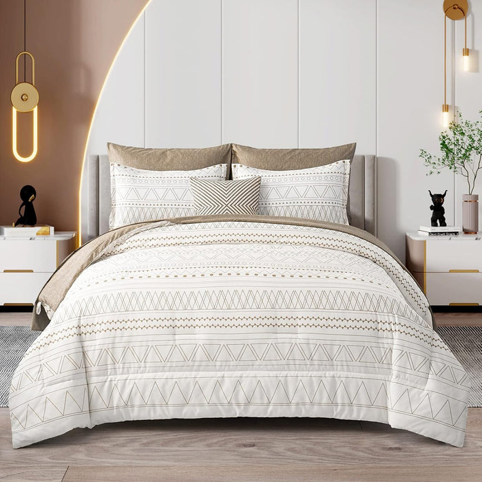 WONGS BEDDING Boho Comforter Set King Size,7 Pieces Grey White Geometric Bohemian Bed in a Bag Comforter Complete Striped Bedding Set for All Season with Sheets,Pillowcases & Shams Soft Microfiber
