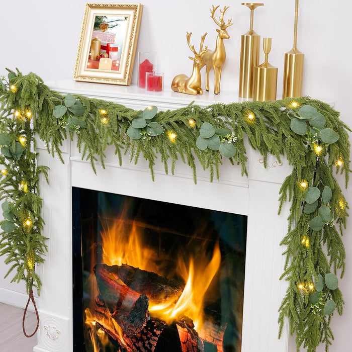 Waipfaru Christmas Norfolk Pine Garland with Lights，6FT Real Touch Pine Garland Christmas Decoration，Artificial Faux Cedar Garland for Christmas Table Fireplace Mentle Wall Home Decoration