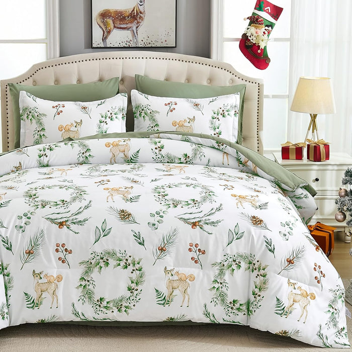 Christmas Queen Comforter Set 7 Pieces, Red Christmas Deer Pattern Bed in a Bag, Soft Reversible Bedding Set Xmas Holiday Decor 90"x90"