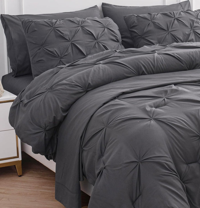 LANE LINEN White Comforter Set with Sheets, 7 Piece Bed in a Bag Queen Size, Pintuck Queen Bed Set, Ultra Soft Bedding Queen Size with Down Alternative Comforter, Sheets, Pillowcases & Shams - White
