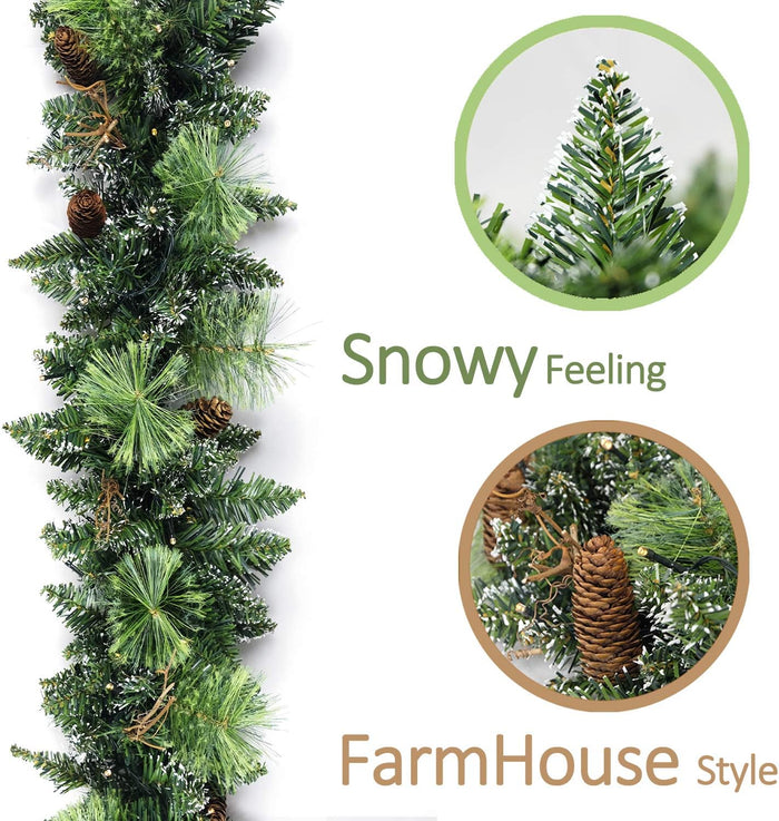 Christmas Garland Prelit 9 Ft Battery Operated with 50 Led Lights, Pine Cone and Snow Style Xmas Garland, Christmas Decor for Mantle StairIndoor Outdoor
