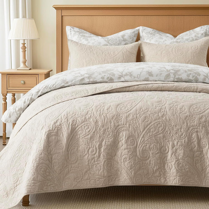 EVERGRACE 100% Cotton Paisley Quilt Set, King Size 3 Piece Set – Prewashed Lightweight Bedspread with 2 Shams, Soft & Breathable Matelasse Coverlet for All-Season Comfort, Olive Green
