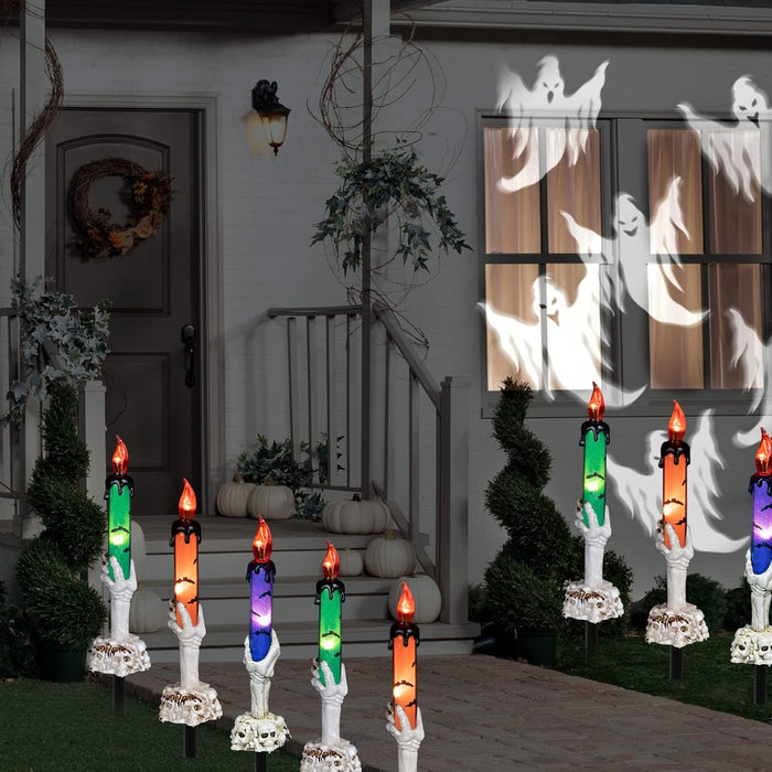 Dazzle Bright Halloween Decorations, 5 Pack Lighted Battery Operated Skeleton Hands Hold Candle with Stakes, Pathway Decor for Indoor Outdoor Party Home Garden