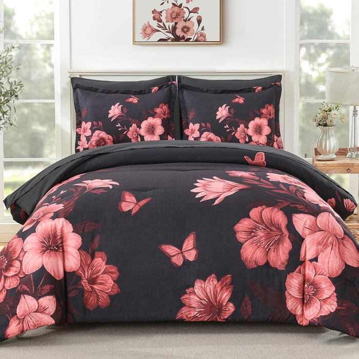 Floral Comforter Set Queen Size, 7 Pieces Burgundy Bed in a Bag, Elegant Floral Butterfly Comforter and Sheet Set, Soft Microfiber Bedding Set for All Seasons(Burgundy,90"x90")