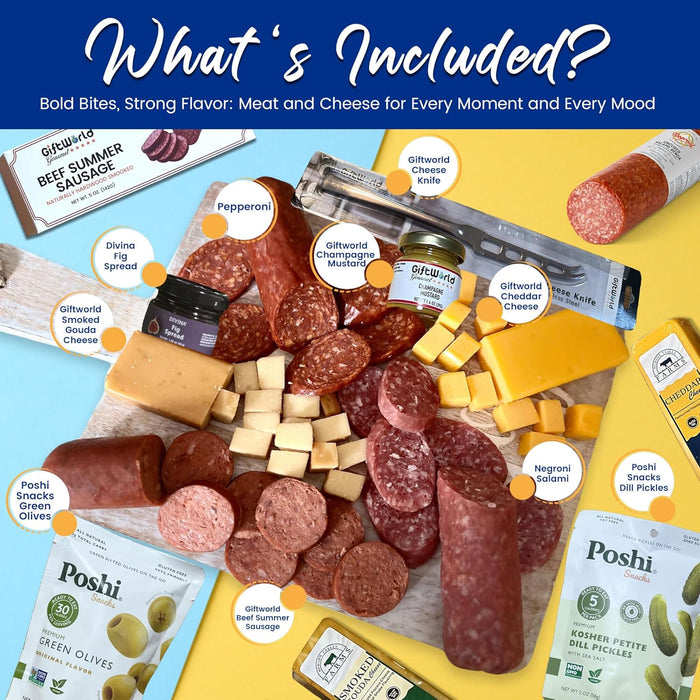 Deluxe Charcuterie Food Items, Meat and Cheese Gift Basket with Salami, Summer Sausage, Charcuterie Board Food Gifts for Men - Father's Day, Mother's Day, Easter, House Warming, Care Package, Thanksgiving, and Christmas Gifts (10-item Bundle)