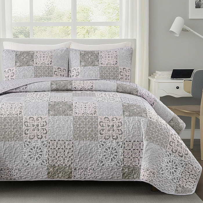 Dobuyly Grey Black Quilt Set Queen Size, Boho Plaid Patchwork Bedspreads Coverlet Set, 3 Pieces Soft Lightweight Microfiber Farmhouse Quilt Bedding Set for All Seasons 96"x90"