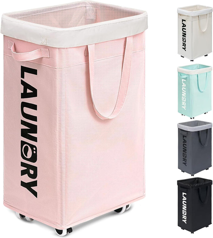 Goodpick Pink Laundry Baskets with Wheels 2-Pack, 75L Rolling Laundry Basket with Removable Wash Bags, Large Laundry Hamper for Corner Dorm, Collapsible Laundry Basket on Wheels
