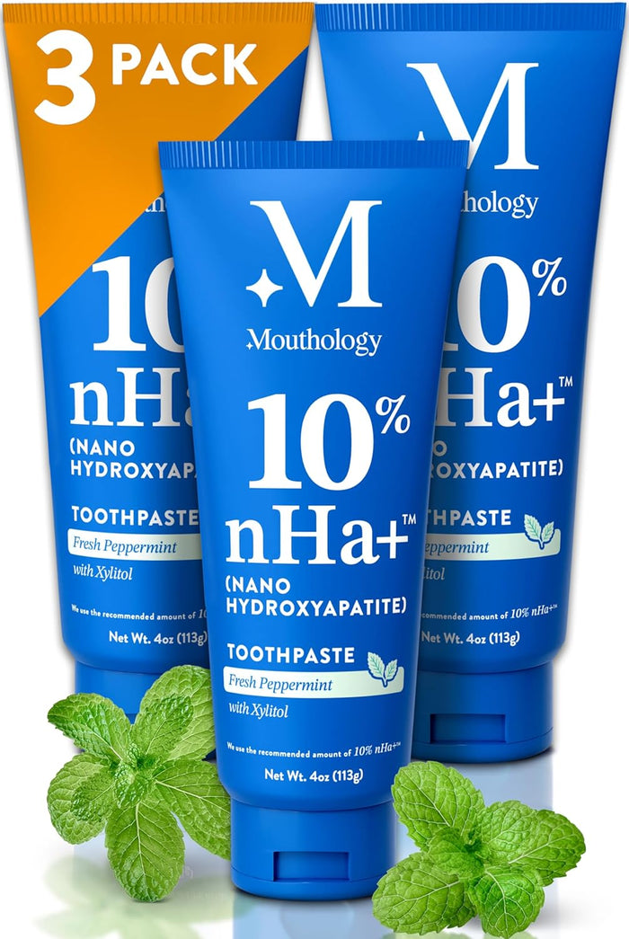 Mouthology 10% Nano Hydroxyapatite Toothpaste (Fluoride Free), Whitening*, Supports Enamel Care*, Appropriate for Sensitive Teeth*, SLS Free, Xylitol nHA Toothpaste for Adults, Mint 4oz (USA Made)