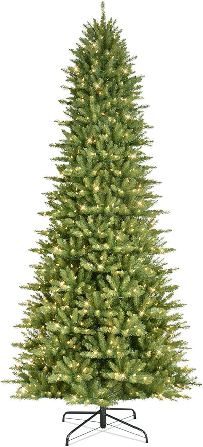 Puleo International 9 Foot Pre-Lit Slim Fraser Fir Artificial Christmas Tree with 800 UL Listed Clear Lights, Green