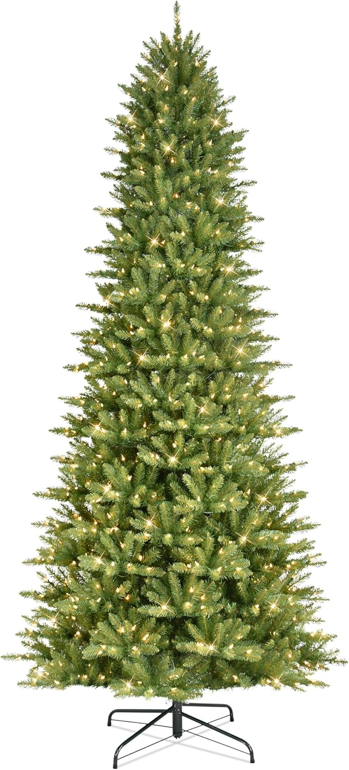Puleo International 9 Foot Pre-Lit Slim Fraser Fir Artificial Christmas Tree with 800 UL Listed Clear Lights, Green