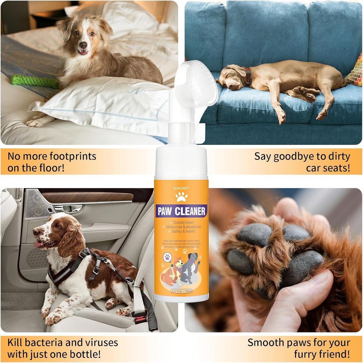 Paw Cleaner for Dogs & Cats, No-Rinse Foaming Pet Foot Washer with Built-in Scrubber Brush for Dirty, Muddy Paws – Suitable for Small, Medium & Large Dogs, Puppies, Kittens (5 fl oz)