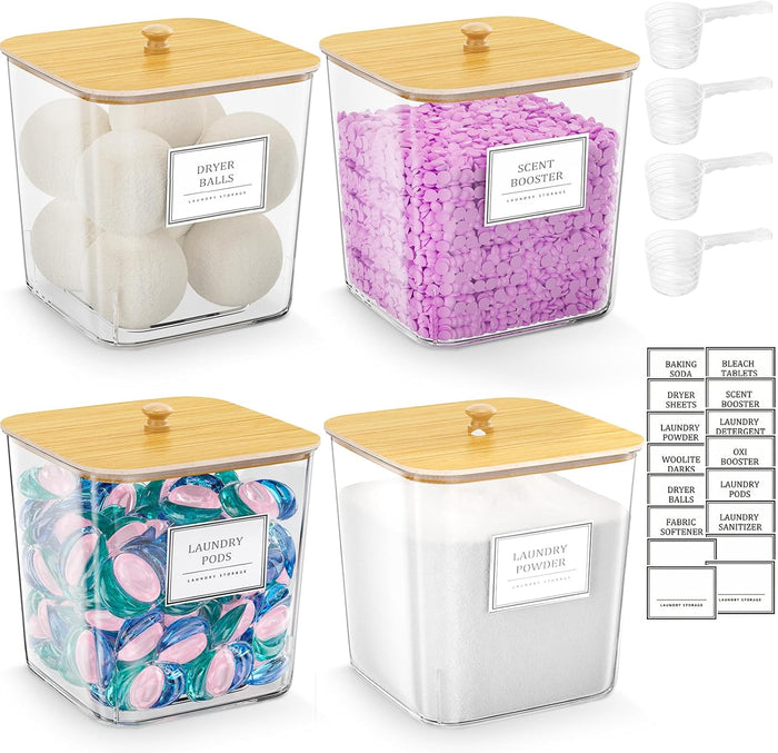 Laundry Pods Storage Container, Clear Laundry Room Organization and Storage ,Detergent Powder Container,with Wooden Lids & Labels, 3+1 Pack