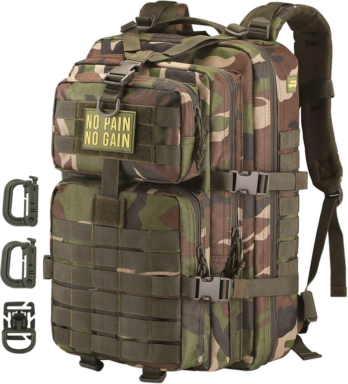 MOLLE Assault Backpack, Tactical Backpack Military Army Camping Rucksack, 3-Day Pack Trip w/USA Flag Patch, D-Rings, Black