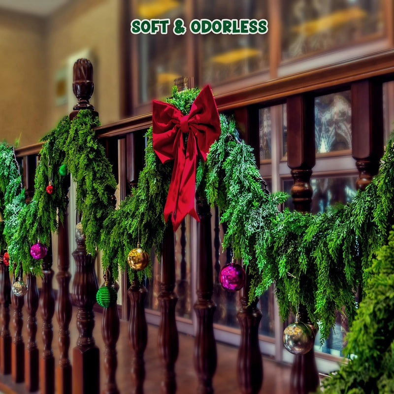 9FT Cedar Garland with Lights, Prelit Christmas Garland Artificial Realistic, Real Touch Pine Christmas Garland for Mantle Stairs Outdoor Decoration, Battery Operated Faux Greenery Garlands Thick Lush