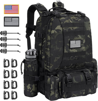 Military Tactical Backpack for Men, 60L Large Army Assault Pack, 3 Day Bug Out Bag with Removable Water Pouch for Outdoor Hiking Camping Hunting Detachable Rucksack Molle Bag, Black Camo