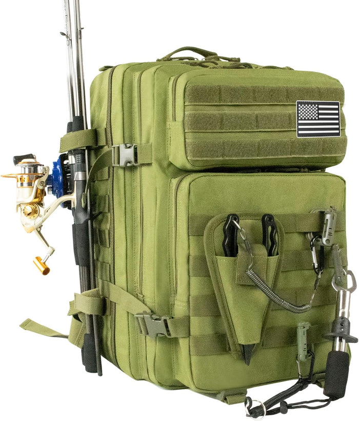 Large 45L Tactical Fishing Tackle Backpack with Removable Plier Holder & Rod Holders Storage Fishing Gear and Equipment Tackle Bag Hiking Backpack without Tackle Boxes Khaki