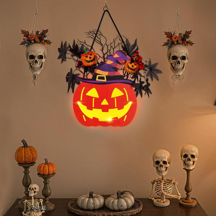 BlcTec Halloween Pumpkin Lights, 10 inch Lighted Big Halloween Wooden Pumpkin with Maple Leaves, Berries, Twigs, Witch's Hat, Battery Operated Lights with Timer for Halloween Decorations, Style A
