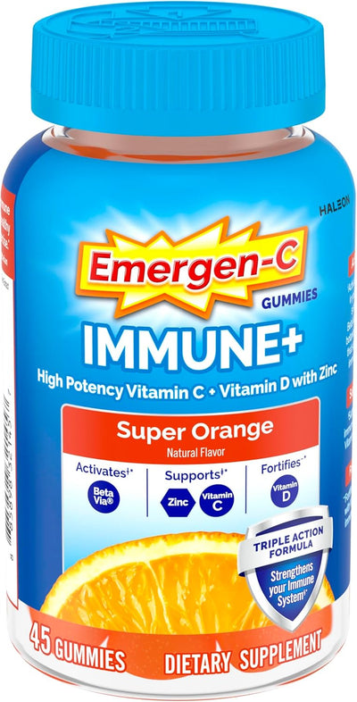 Emergen-C Immune+ Immune Gummies, Vitamin D plus 750 mg Vitamin C, Immune Support Dietary Supplement, Caffeine Free, Gluten Free, Super Orange Flavor - 45 Count