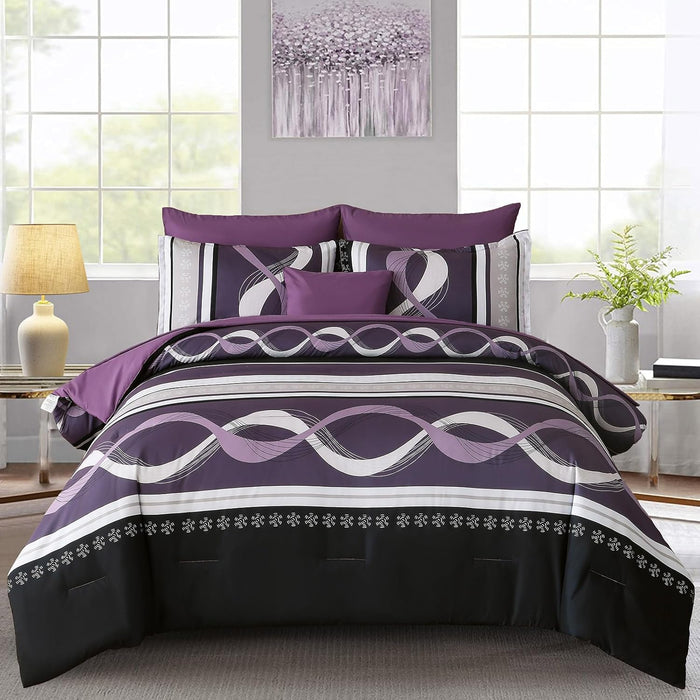 Anibedding Black Comforter Set Queen Size,8 Pieces Boho Bed in a Bag Patchwork Striped Comforter Set, Soft Microfiber Bedding Set for All Season(90"×90")