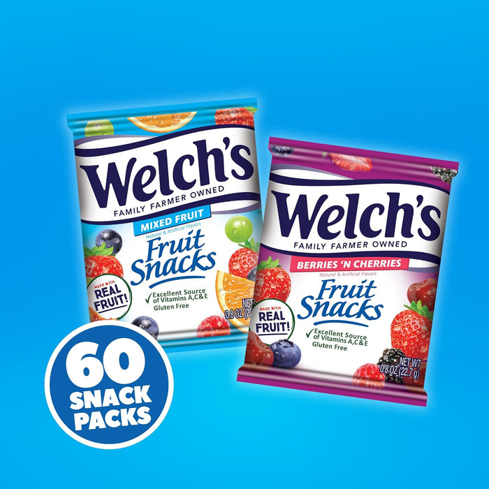 Welch's Fruit Snacks, Mixed Fruit & Berries 'N Cherries Variety Pack, Great for School Lunches, Bulk Pack, Stocking Stuffers, Individual Single Serve Bags, 0.8 oz (Pack of 60)