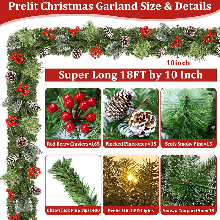 Super Long & Timer 8 Modes - 18 Ft by 10 Inch Prelit Outdoor Christmas Garland for Stair Porch Front Door Mantle, Battery Operated 100 Warm Lights Thick 460 Branch 15 Pinecone 165 Berry Cedar Garland