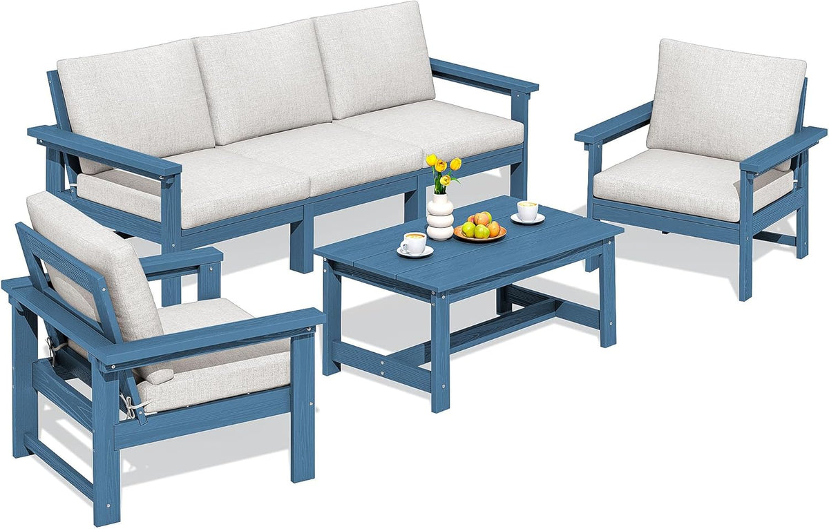 SERWALL HDPE Patio Furniture Set, 7-Piece Outdoor Sectional Sofa Set, All Weather Outdoor Couch Set for Deck, Lawn, Black Frame with Khaki Cushion