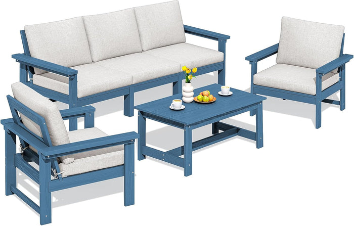 SERWALL HDPE Patio Furniture Set, 7-Piece Outdoor Sectional Sofa Set, All Weather Outdoor Couch Set for Deck, Lawn, Black Frame with Khaki Cushion