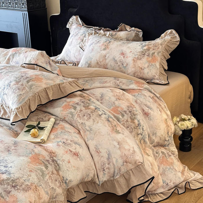 VM VOUGEMARKET Green Duvet Cover Set Full,Lily Flower Jacquard Duvet Cover with 2 Pillowcases 3Pcs Yarn-Dyed Linen Cotton Green Purple Bedding Set for Teens Girls Without Comforter-80 x90